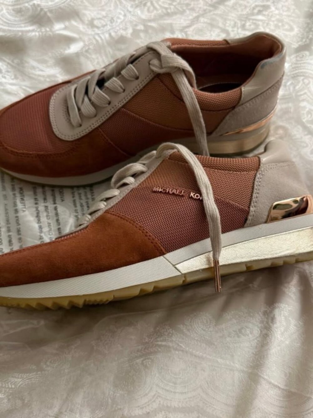 Michael Kors Allie Trainer Sneaker – Brown Suede & Mesh, Rose Gold, Size: 7